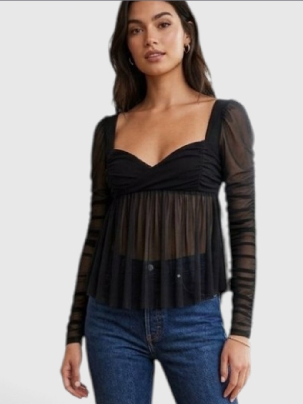 UO Sheer Mesh Babydoll Blouse M NWT Black Ruched Long Sleeve Whimsigoth Fairy